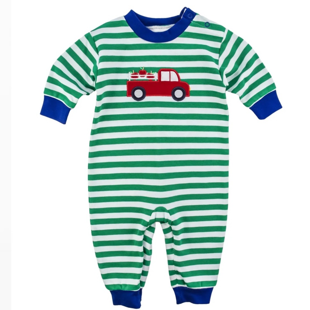 Florence Eiseman Fall is in the Air Stripe Knit Apple Truck Longall Romper 3M